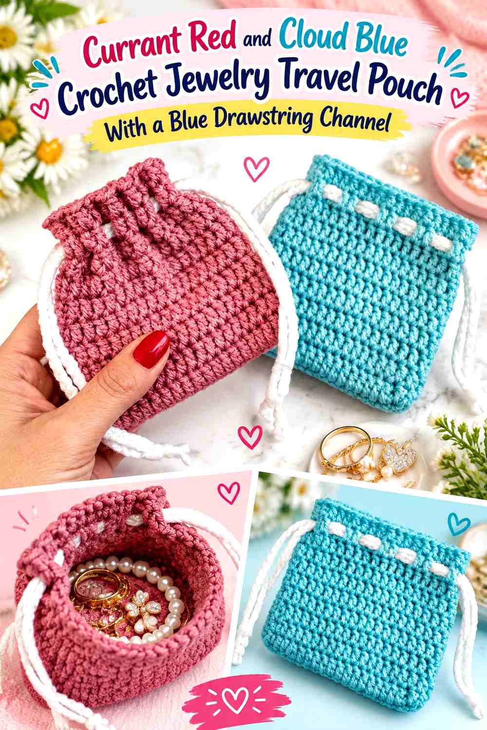 Currant Red and Cloud Blue Crochet Jewelry Travel Pouch With a Blue Drawstring Channel