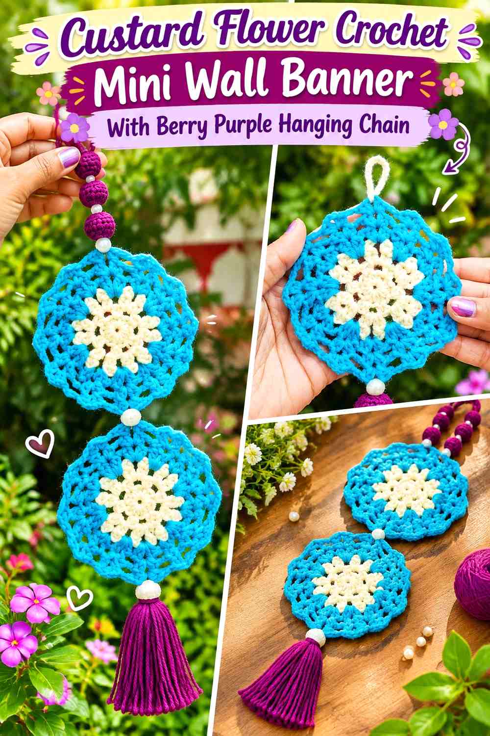 Custard Flower Crochet Mini Wall Banner With Berry Purple Hanging Chain