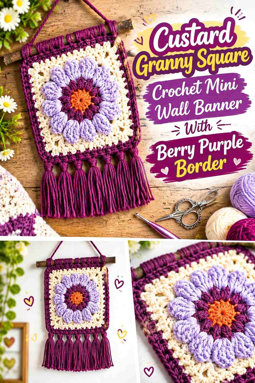 Custard Granny Square Crochet Mini Wall Banner With Berry Purple Border