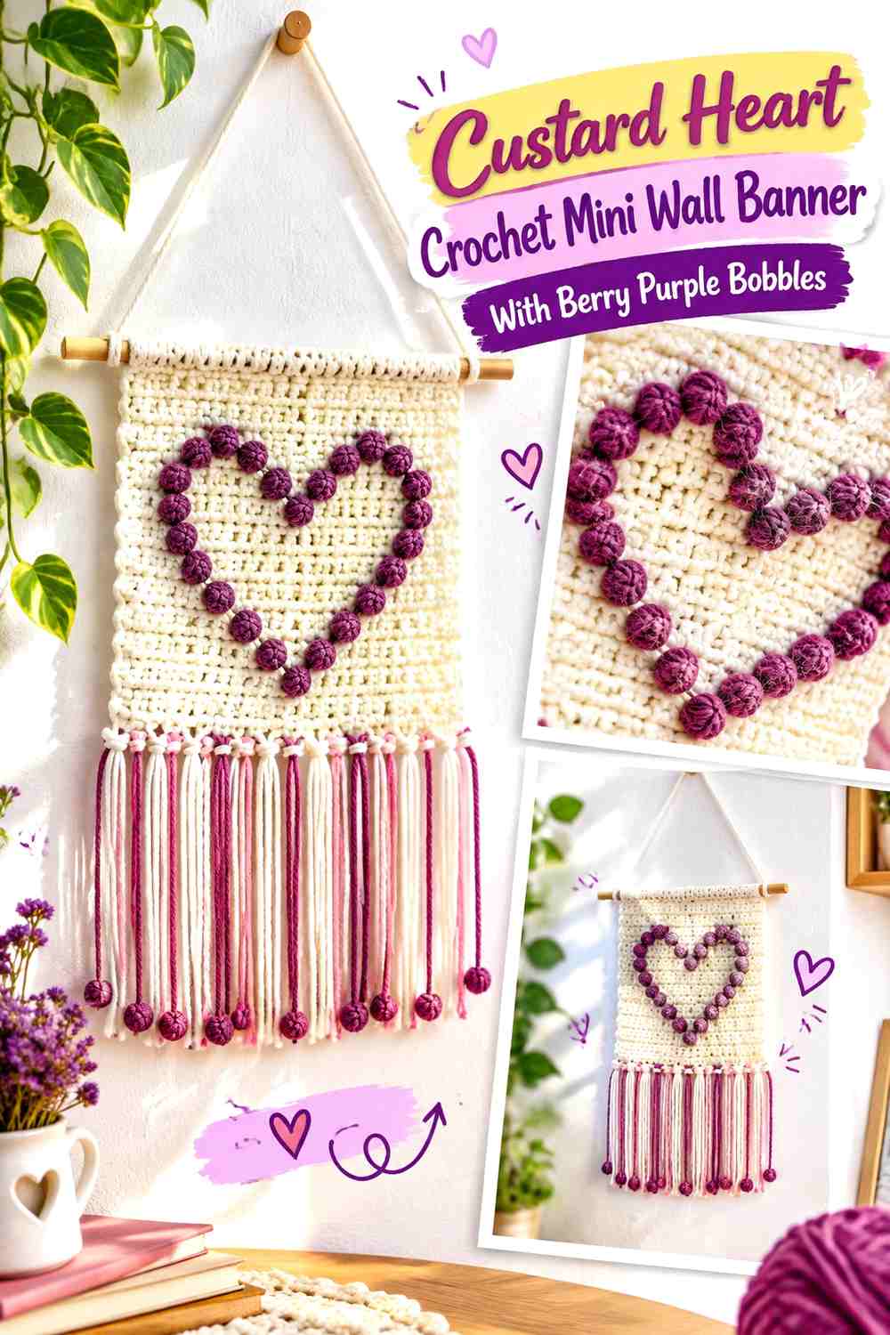 Custard Heart Crochet Mini Wall Banner With Berry Purple Bobbles