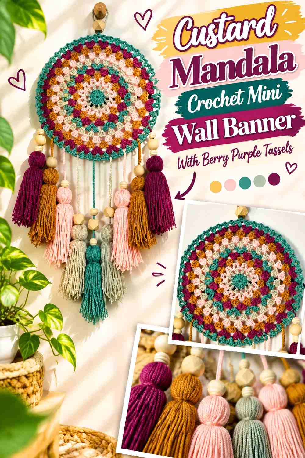 Custard Mandala Crochet Mini Wall Banner With Berry Purple Tassels