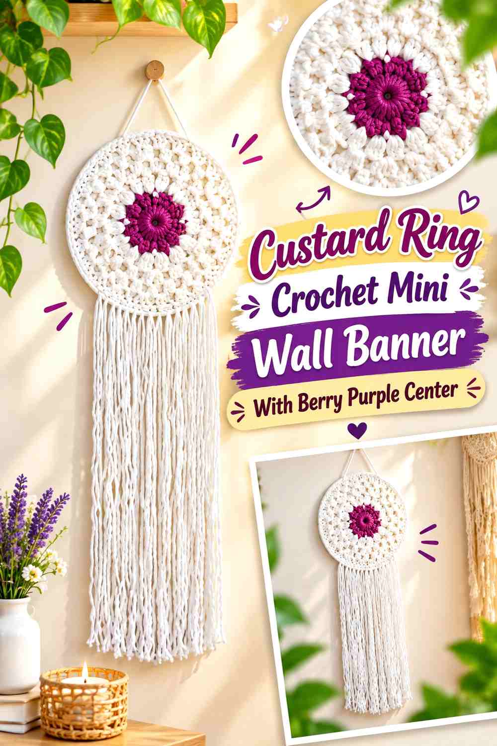 Custard Ring Crochet Mini Wall Banner With Berry Purple Center