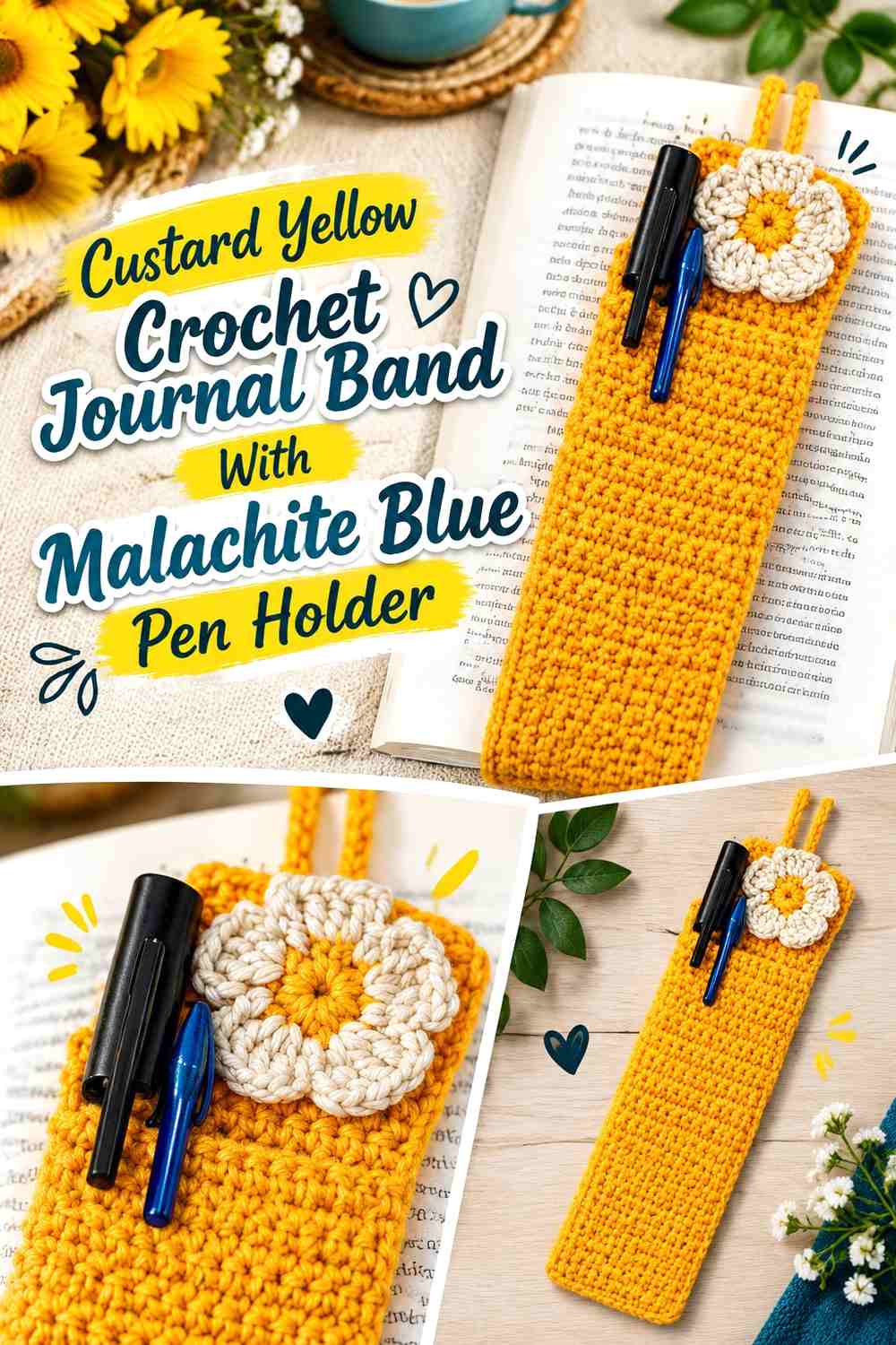 Custard Yellow Crochet Journal Band With Malachite Blue Pen Holder