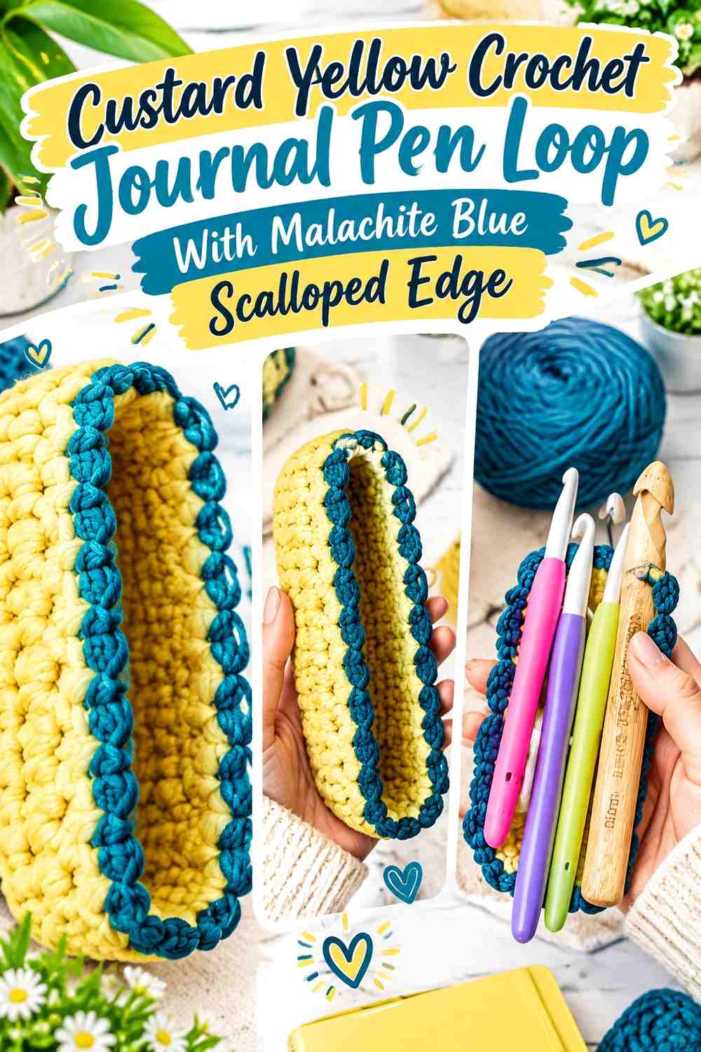 Custard Yellow Crochet Journal Pen Loop With Malachite Blue Scalloped Edge