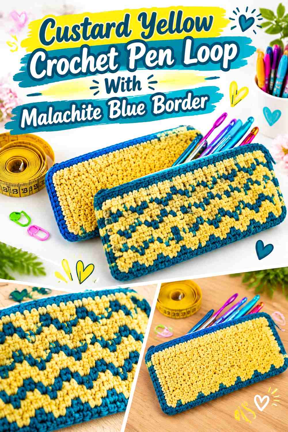 Custard Yellow Crochet Pen Loop With Malachite Blue Border