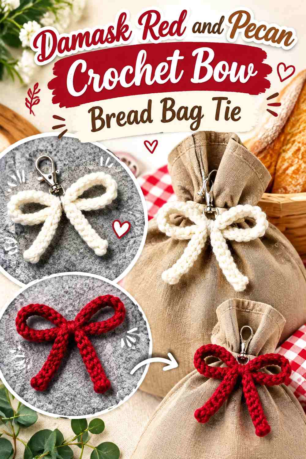 Damask Red and Pecan Crochet Bow Bread Bag Tie