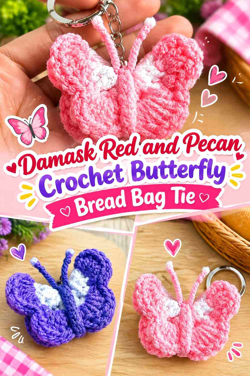 Damask Red and Pecan Crochet Butterfly Bread Bag Tie