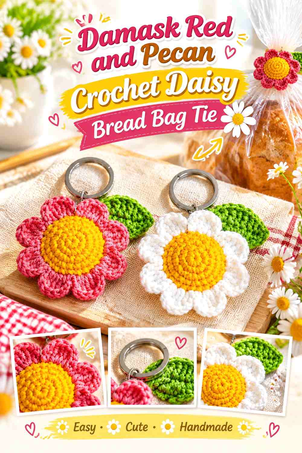 Damask Red and Pecan Crochet Daisy Bread Bag Tie