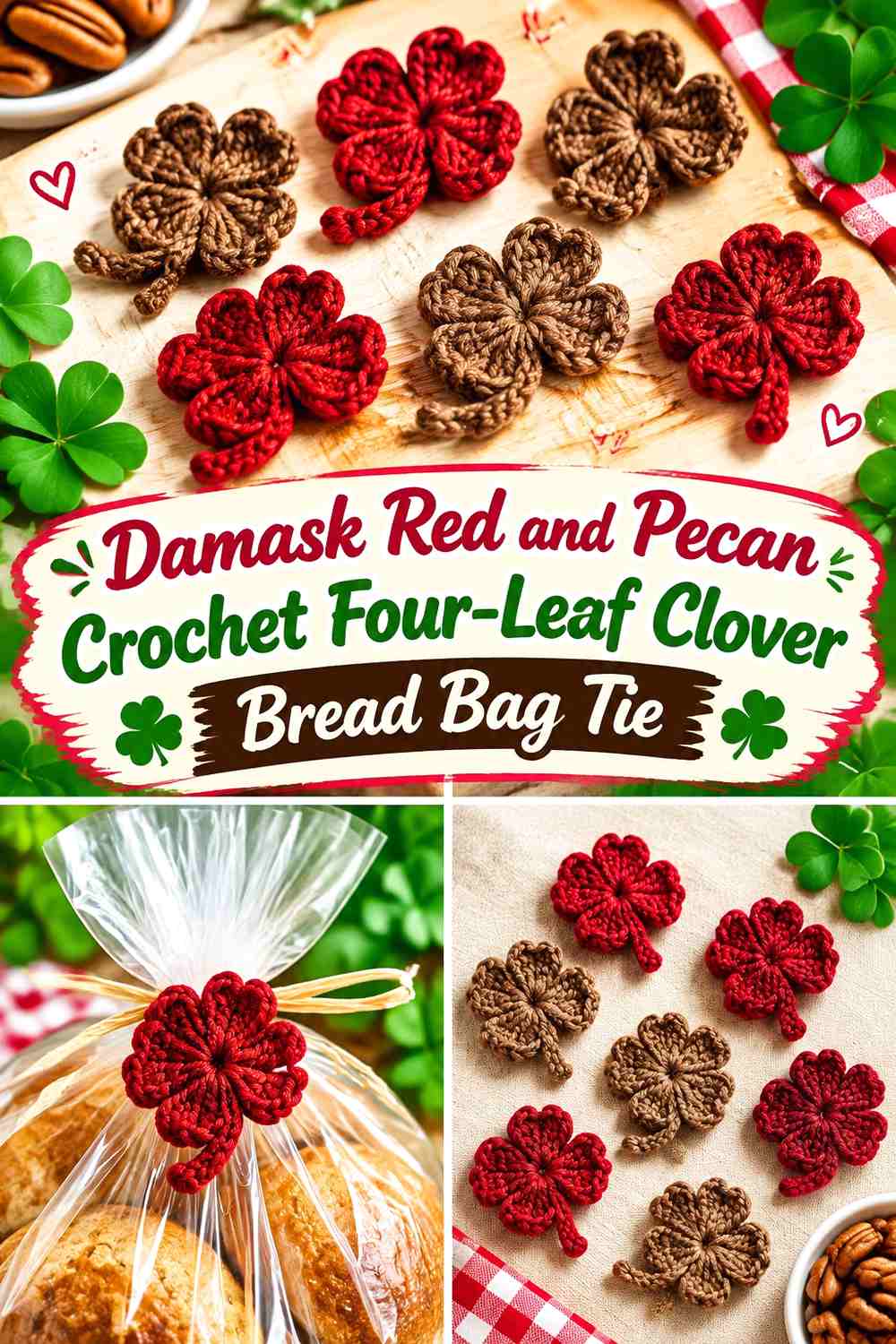 Damask Red and Pecan Crochet Four Leaf Clover Bread Bag Tie