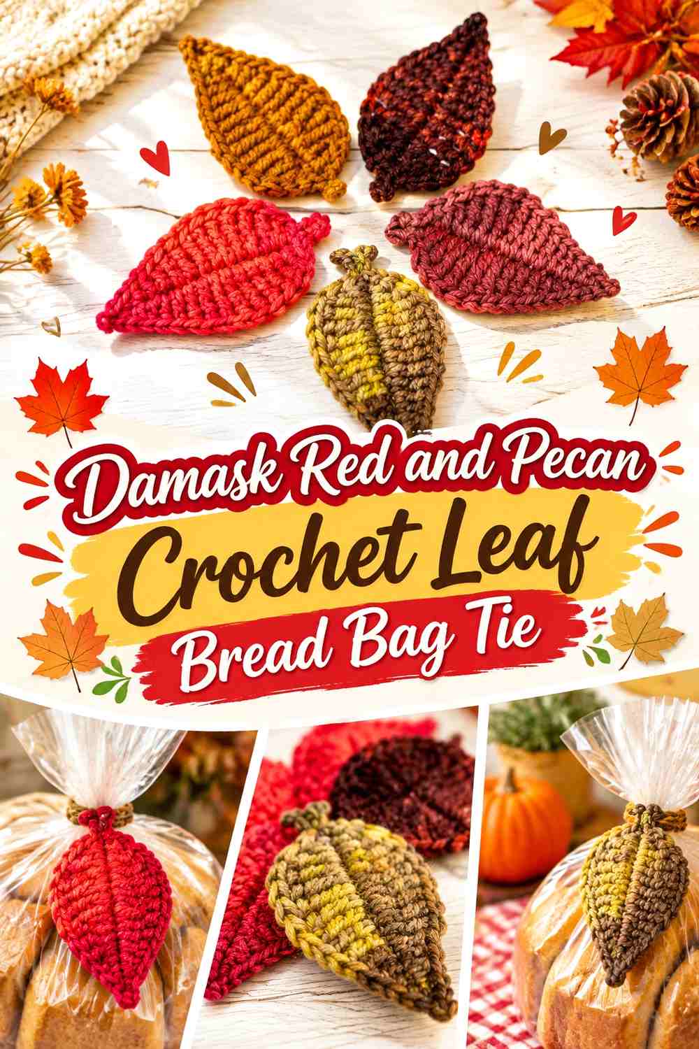 Damask Red and Pecan Crochet Leaf Bread Bag Tie