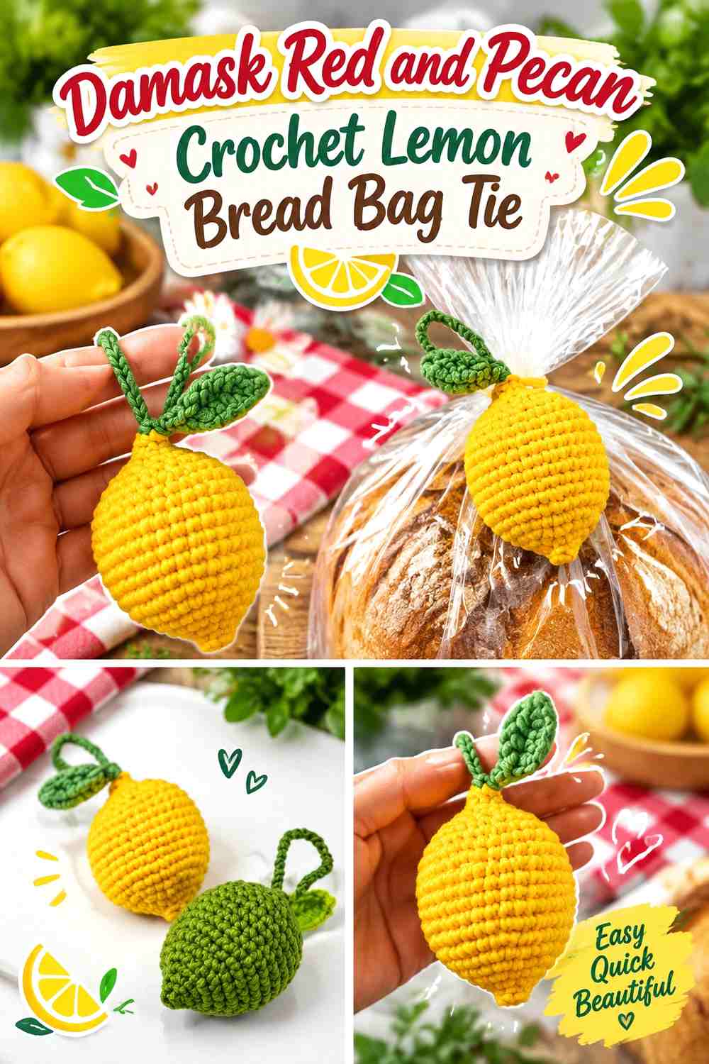 Damask Red and Pecan Crochet Lemon Bread Bag Tie