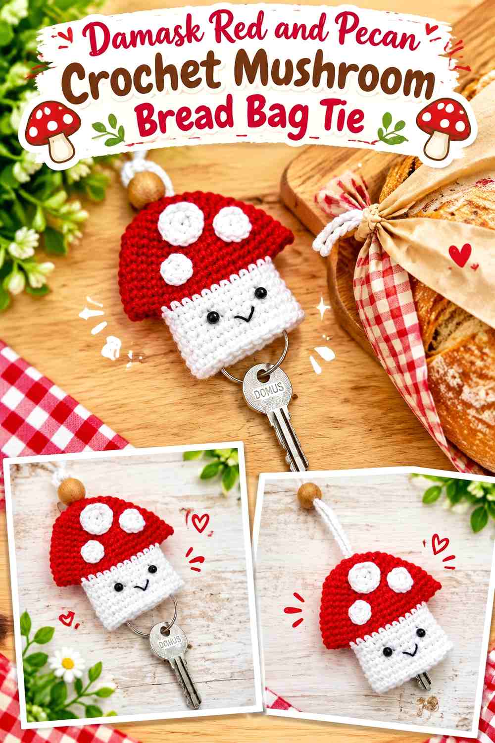 Damask Red and Pecan Crochet Mushroom Bread Bag Tie