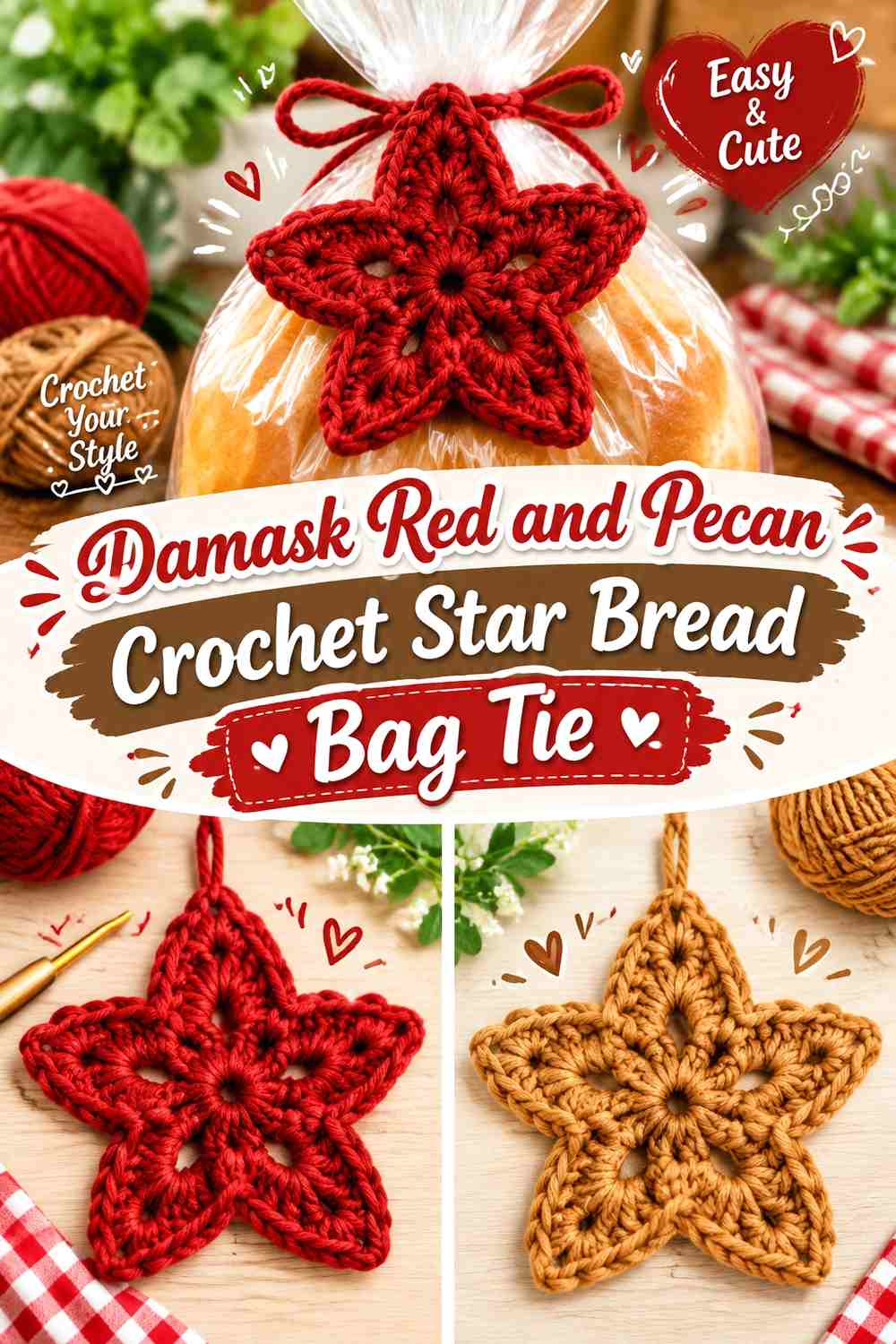 Damask Red and Pecan Crochet Star Bread Bag Tie