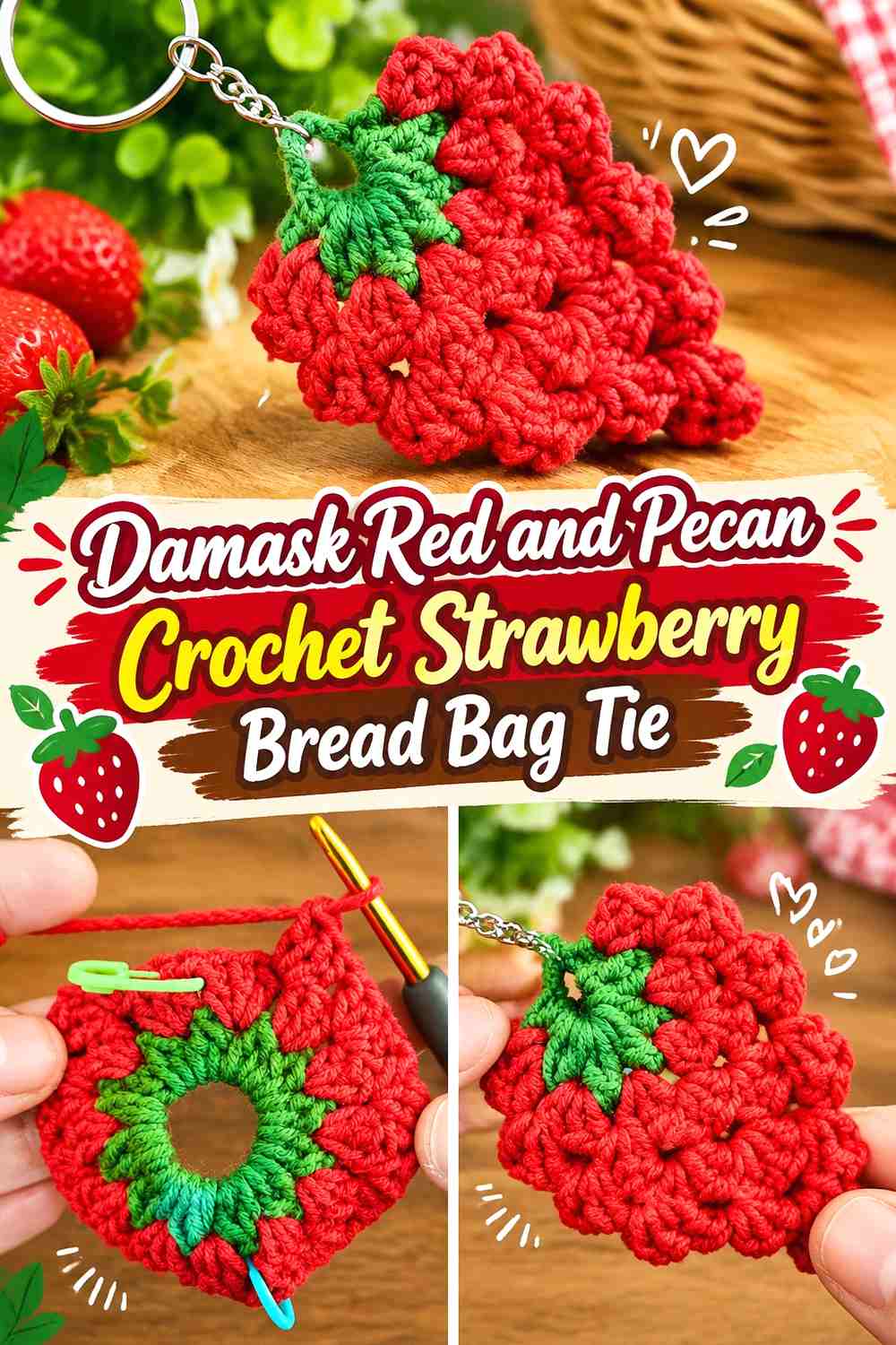 Damask Red and Pecan Crochet Strawberry Bread Bag Tie