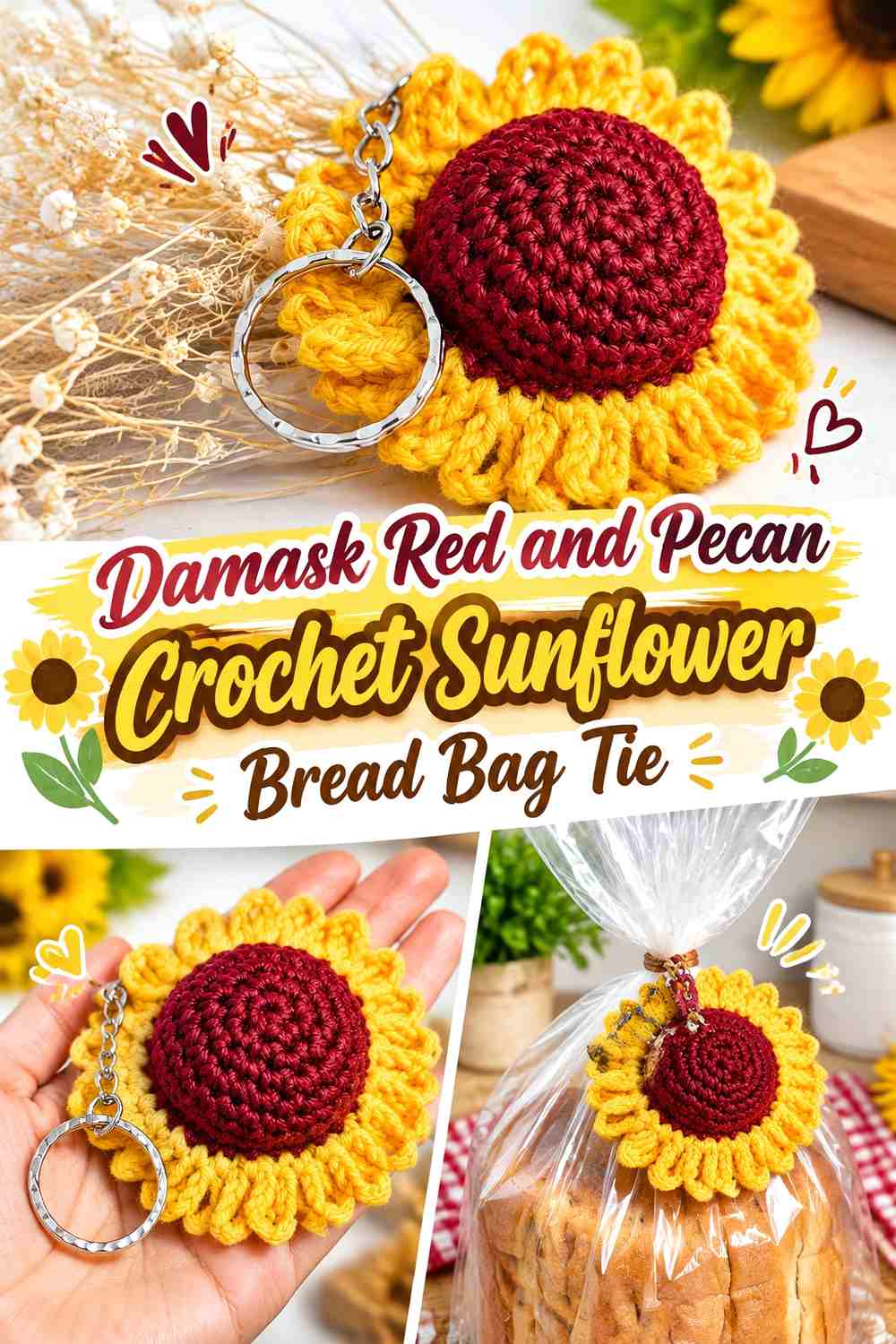 Damask Red and Pecan Crochet Sunflower Bread Bag Tie