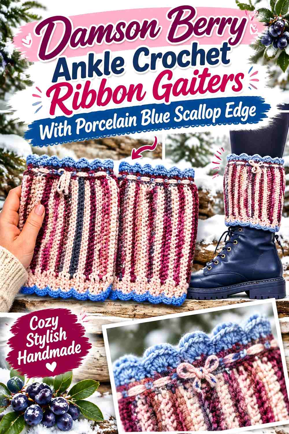 Damson Berry Ankle Crochet Ribbon Gaiters With Porcelain Blue Scallop Edge