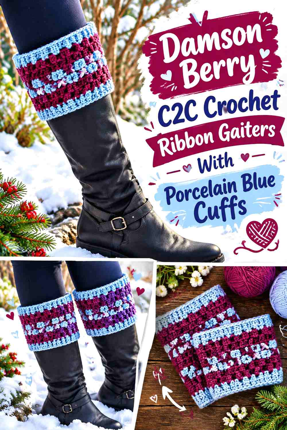 Damson Berry C2C Crochet Ribbon Gaiters With Porcelain Blue Cuffs