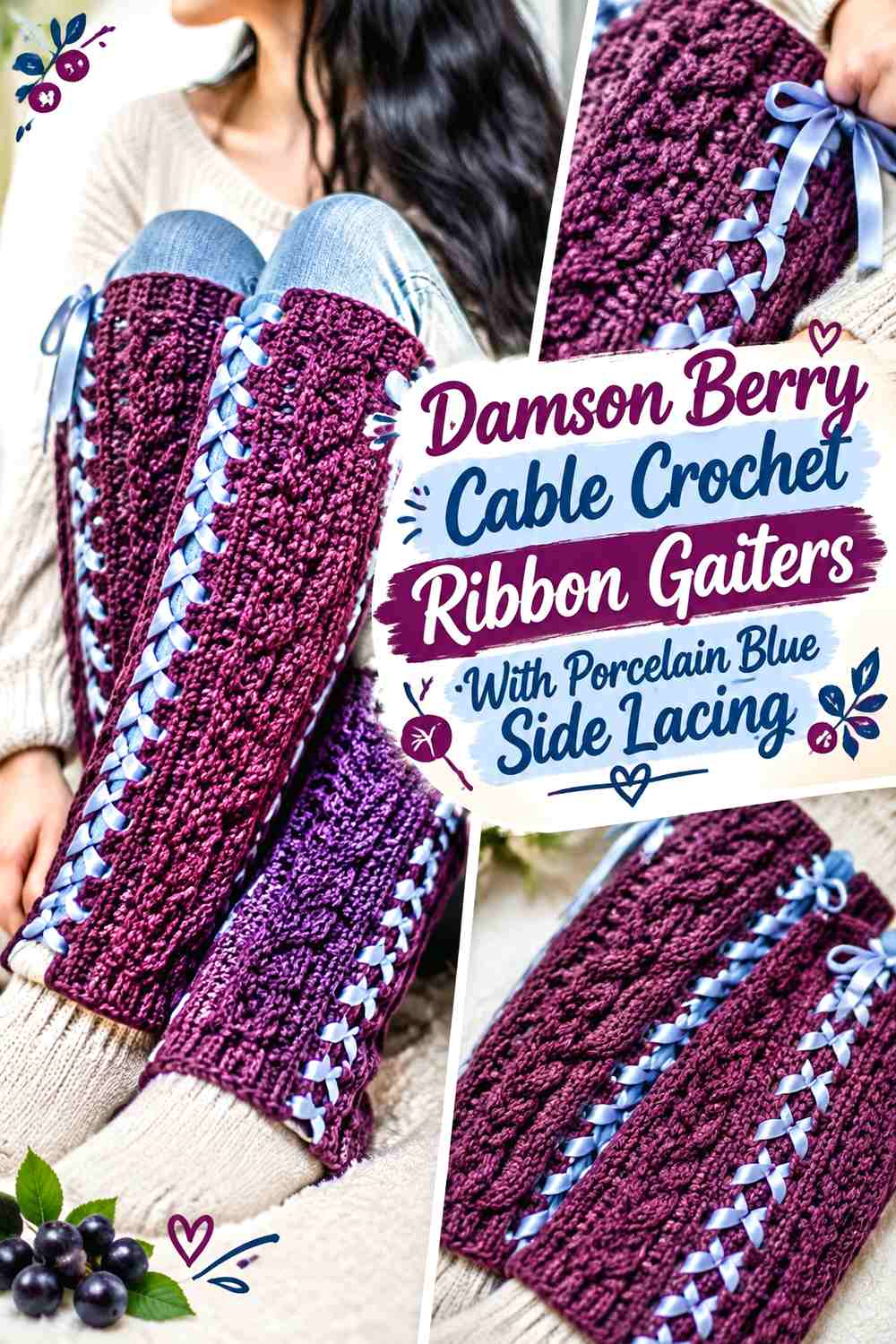 Damson Berry Cable Crochet Ribbon Gaiters With Porcelain Blue Side Lacing