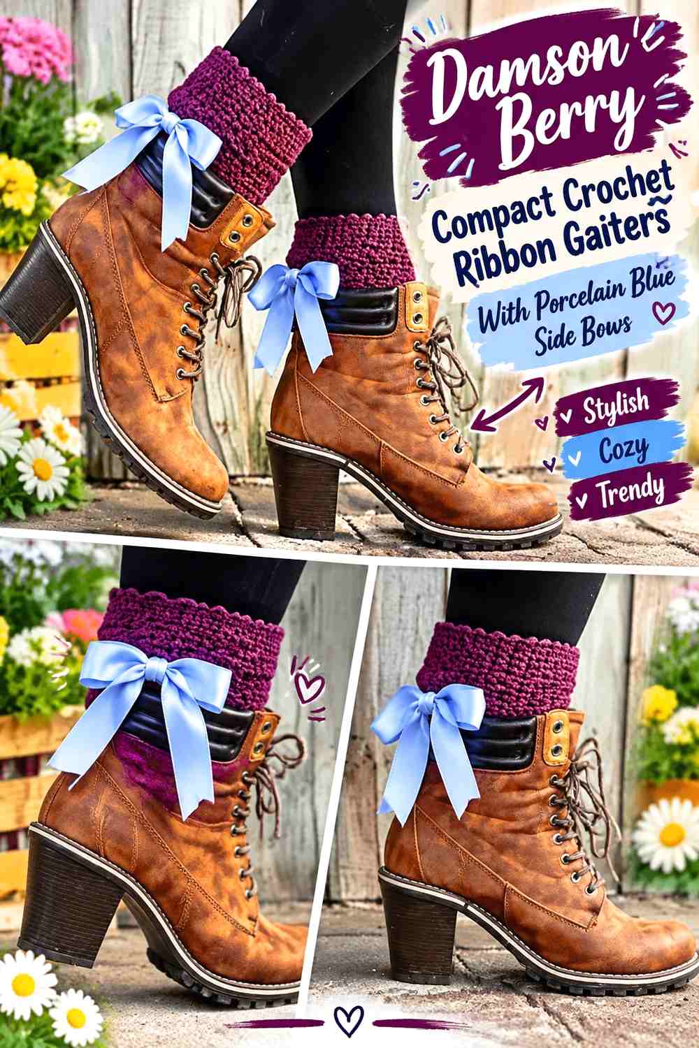 Damson Berry Compact Crochet Ribbon Gaiters With Porcelain Blue Side Bows