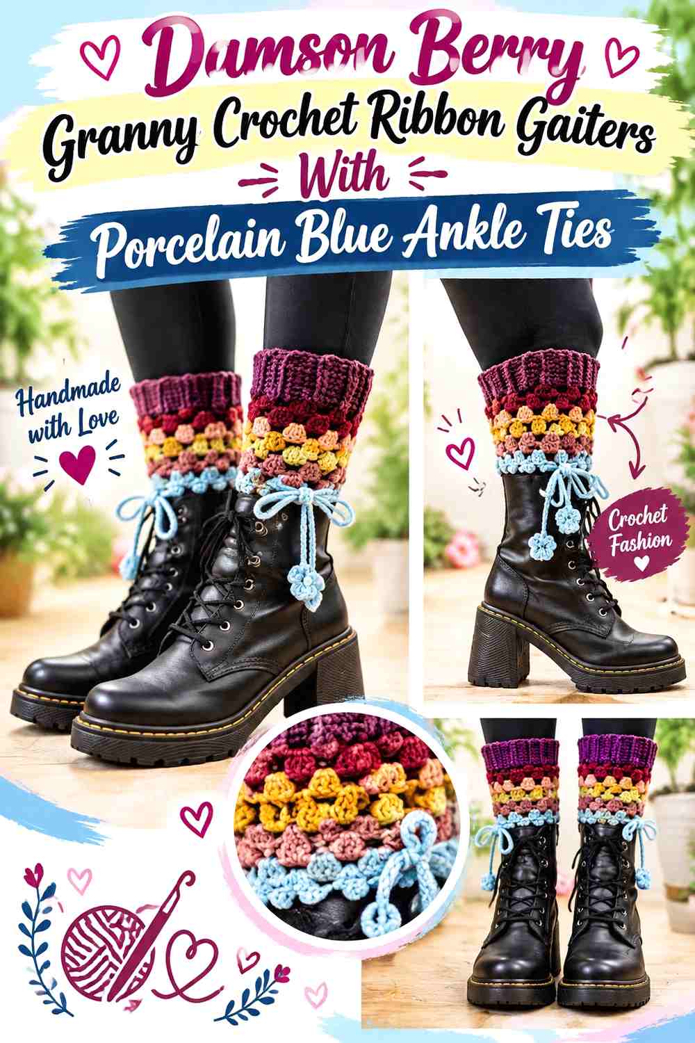Damson Berry Granny Crochet Ribbon Gaiters With Porcelain Blue Ankle Ties