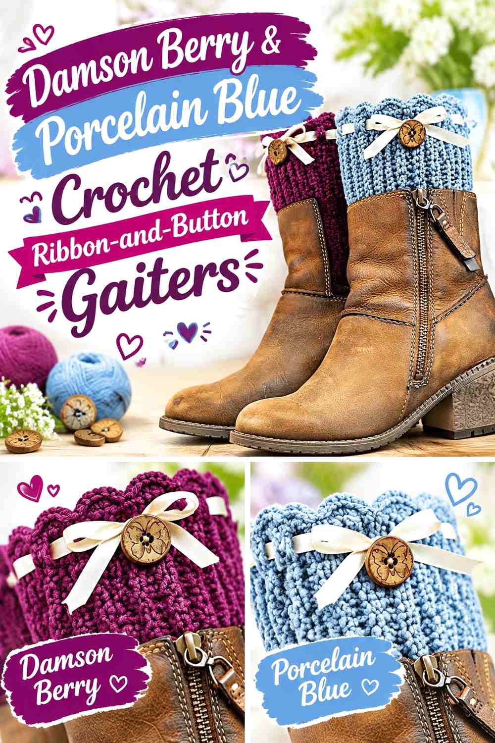 Damson Berry & Porcelain Blue Crochet Ribbon-and-Button Gaiters