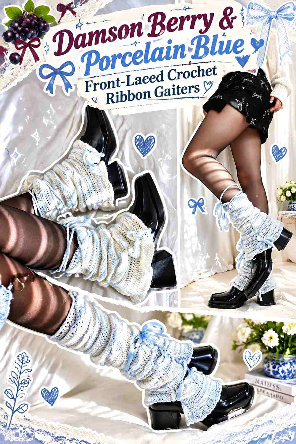 Damson Berry & Porcelain Blue Front-Laced Crochet Ribbon Gaiters