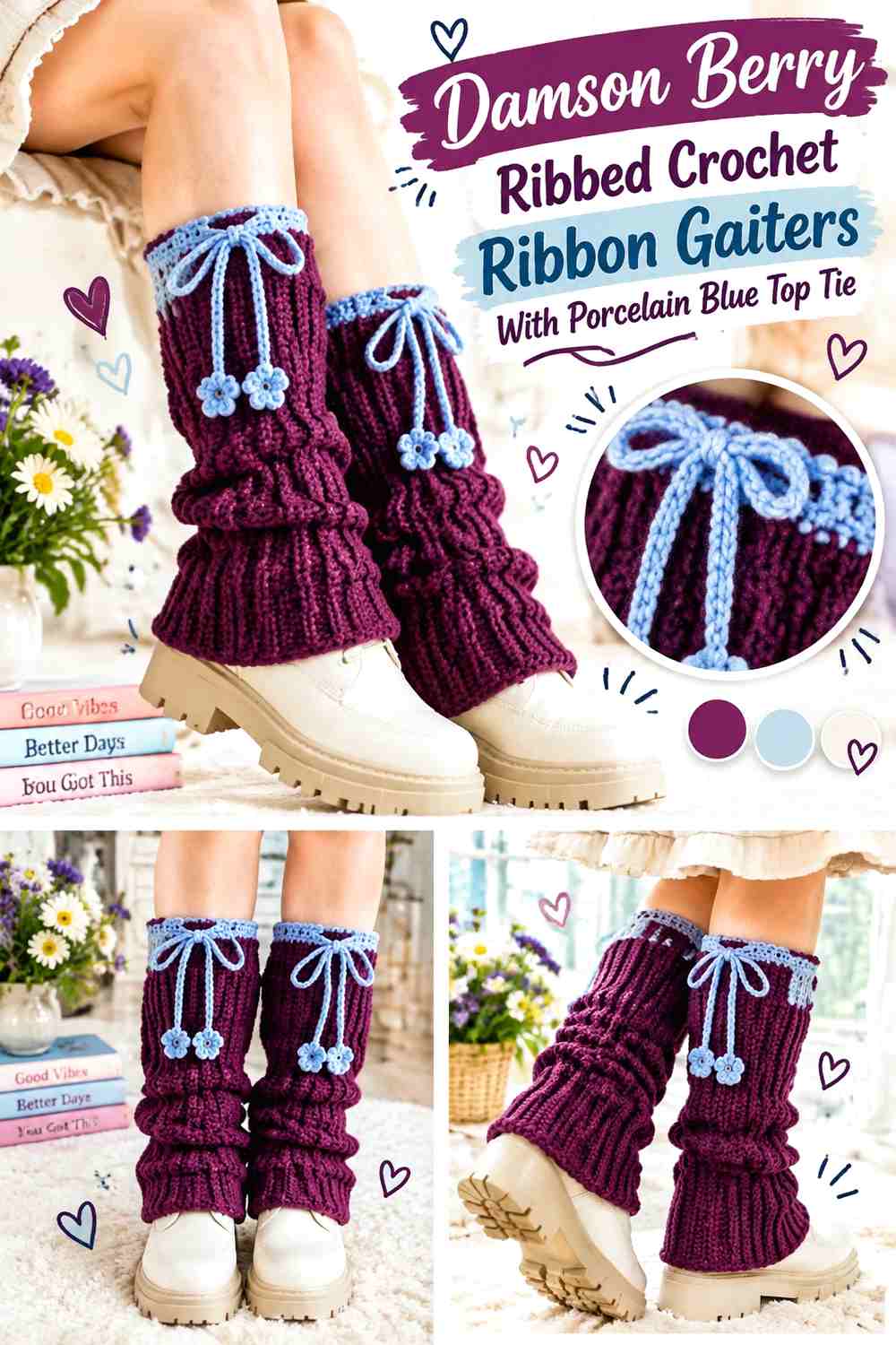 Damson Berry Ribbed Crochet Ribbon Gaiters With Porcelain Blue Top Tie