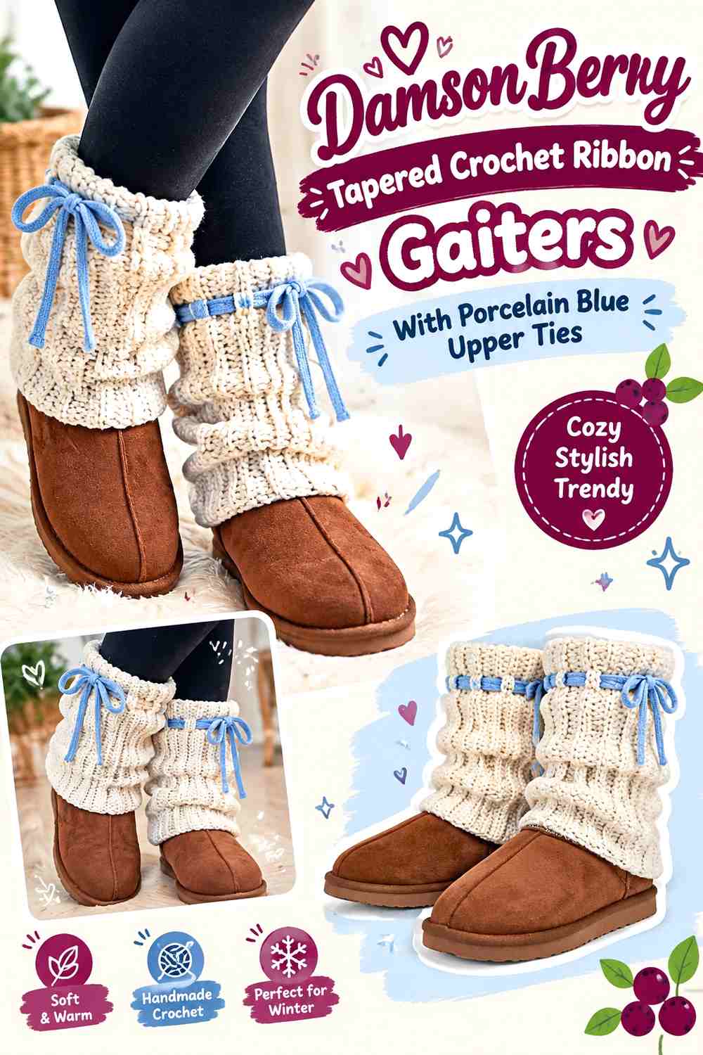 Damson Berry Tapered Crochet Ribbon Gaiters With Porcelain Blue Upper Ties