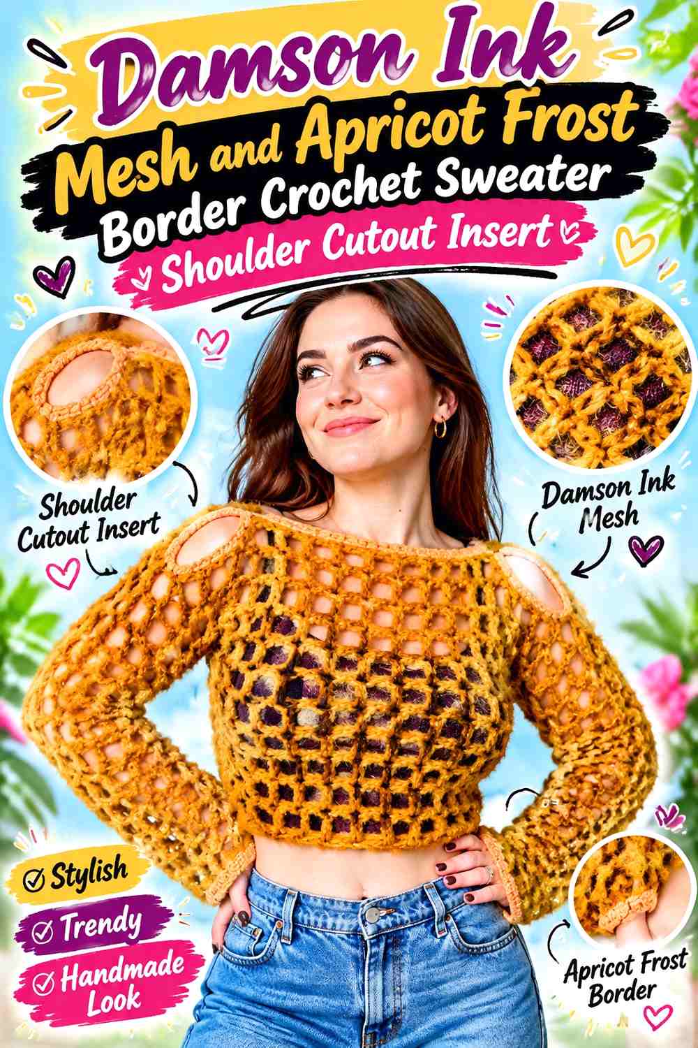 Damson Ink Mesh and Apricot Frost Border Crochet Sweater Shoulder Cutout Insert