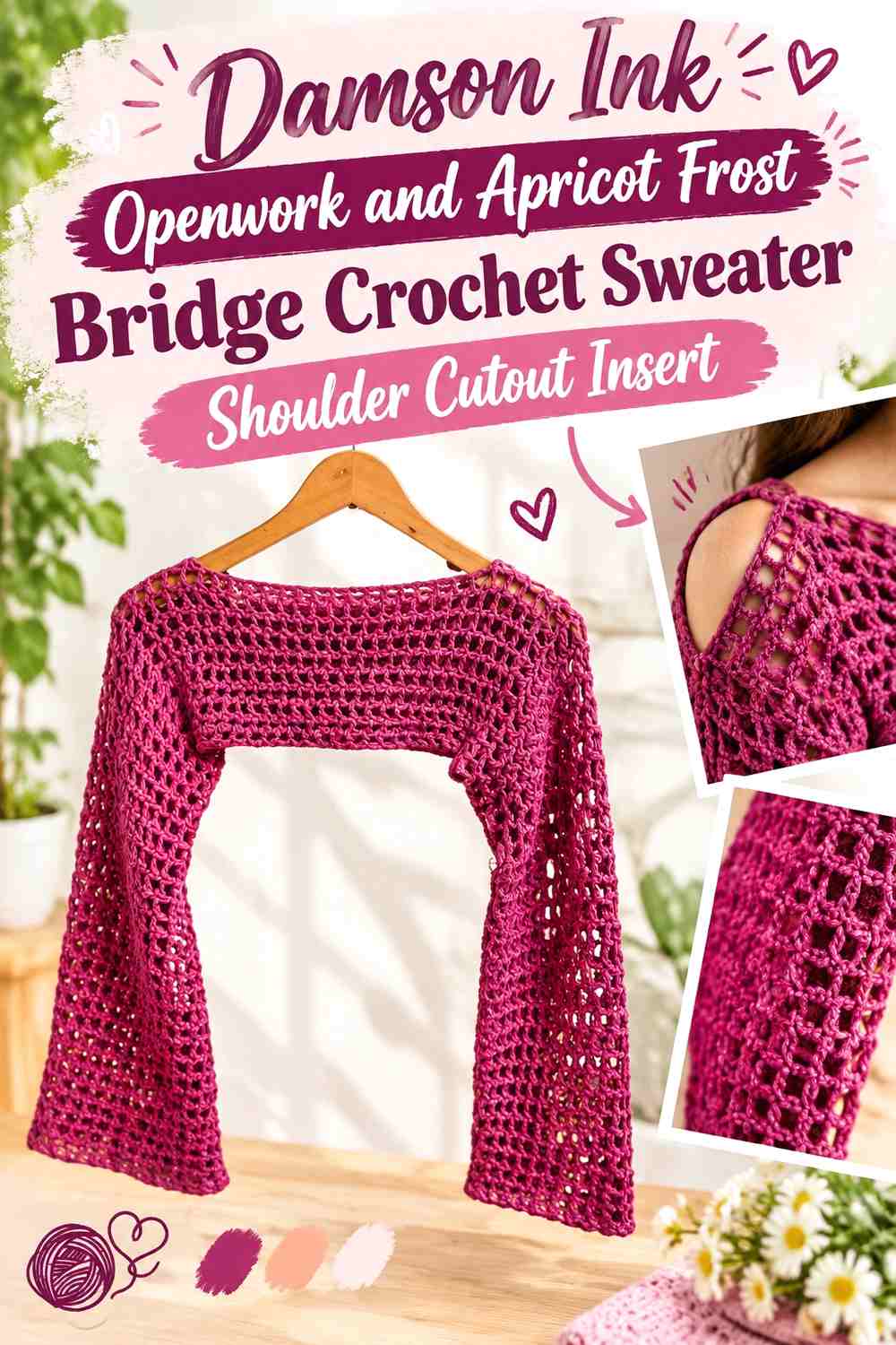 Damson Ink Openwork and Apricot Frost Bridge Crochet Sweater Shoulder Cutout Insert