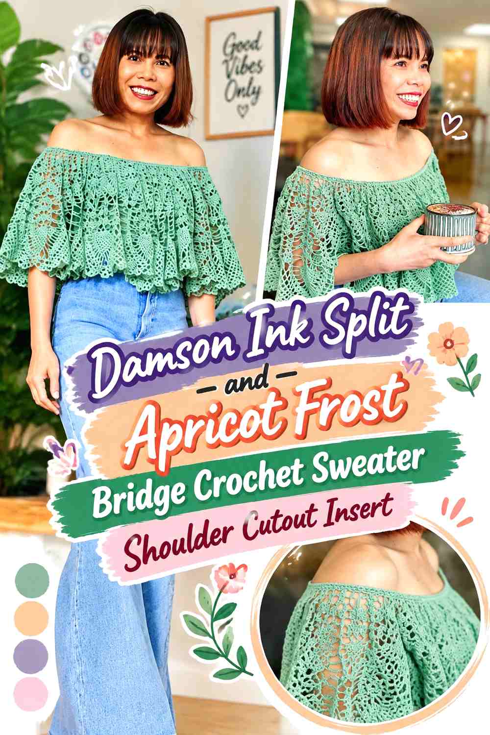 Damson Ink Split and Apricot Frost Bridge Crochet Sweater Shoulder Cutout Insert