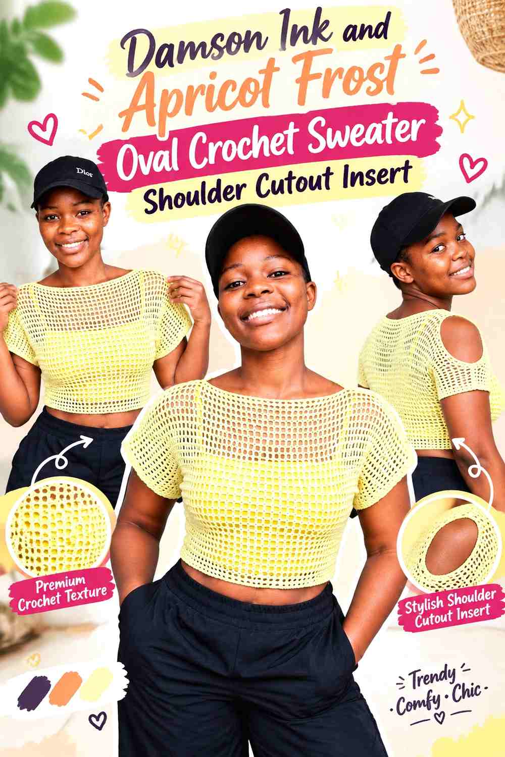 Damson Ink and Apricot Frost Oval Crochet Sweater Shoulder Cutout Insert