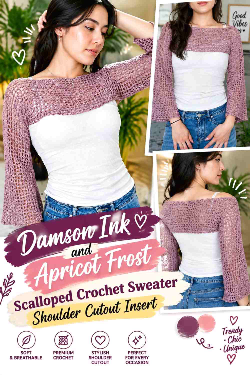Damson Ink and Apricot Frost Scalloped Crochet Sweater Shoulder Cutout Insert