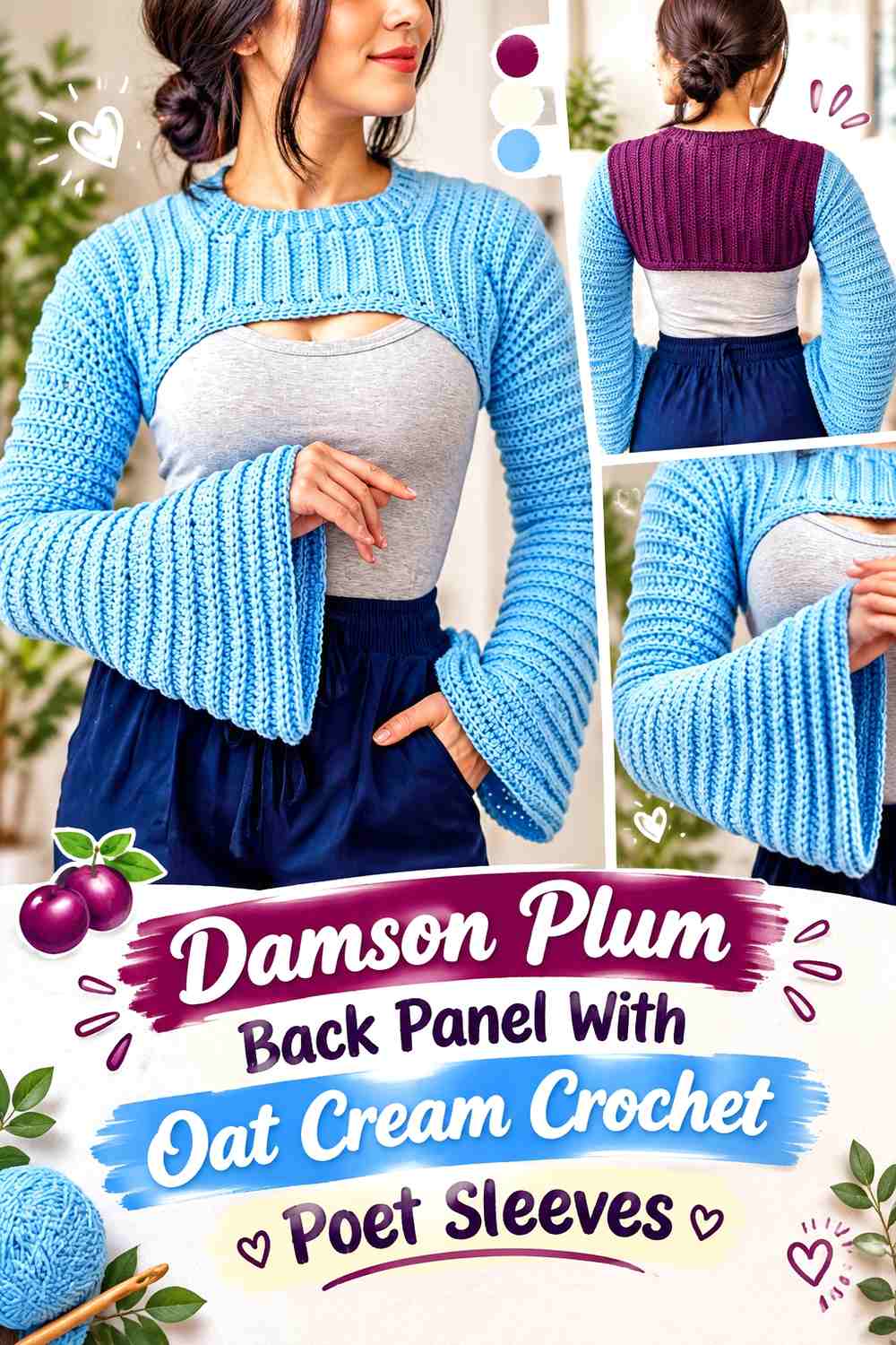 Damson Plum Back Panel With Oat Cream Crochet Poet Sleeves