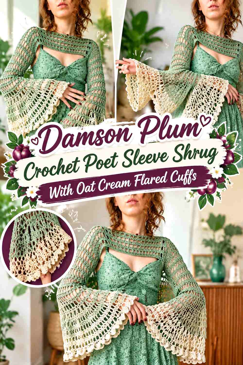 Damson Plum Crochet Poet Sleeve Shrug With Oat Cream Flared Cuffs