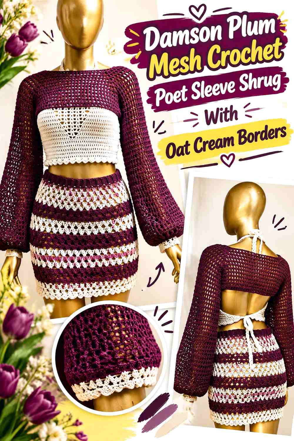 Damson Plum Mesh Crochet Poet Sleeve Shrug With Oat Cream Borders