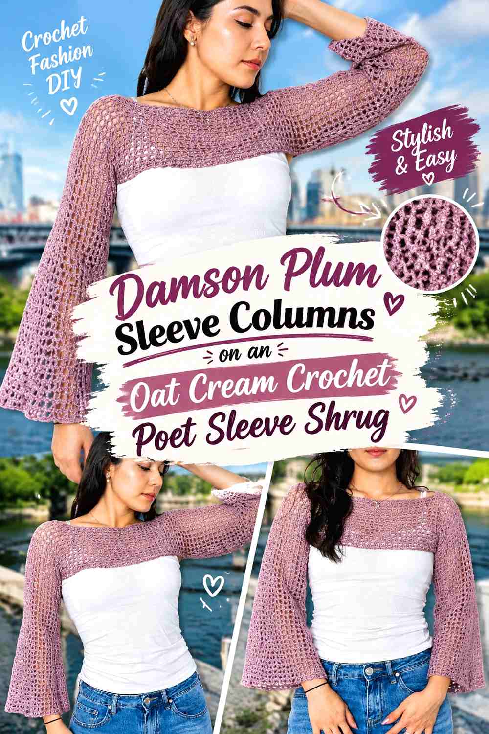 Damson Plum Sleeve Columns on an Oat Cream Crochet Poet Sleeve Shrug