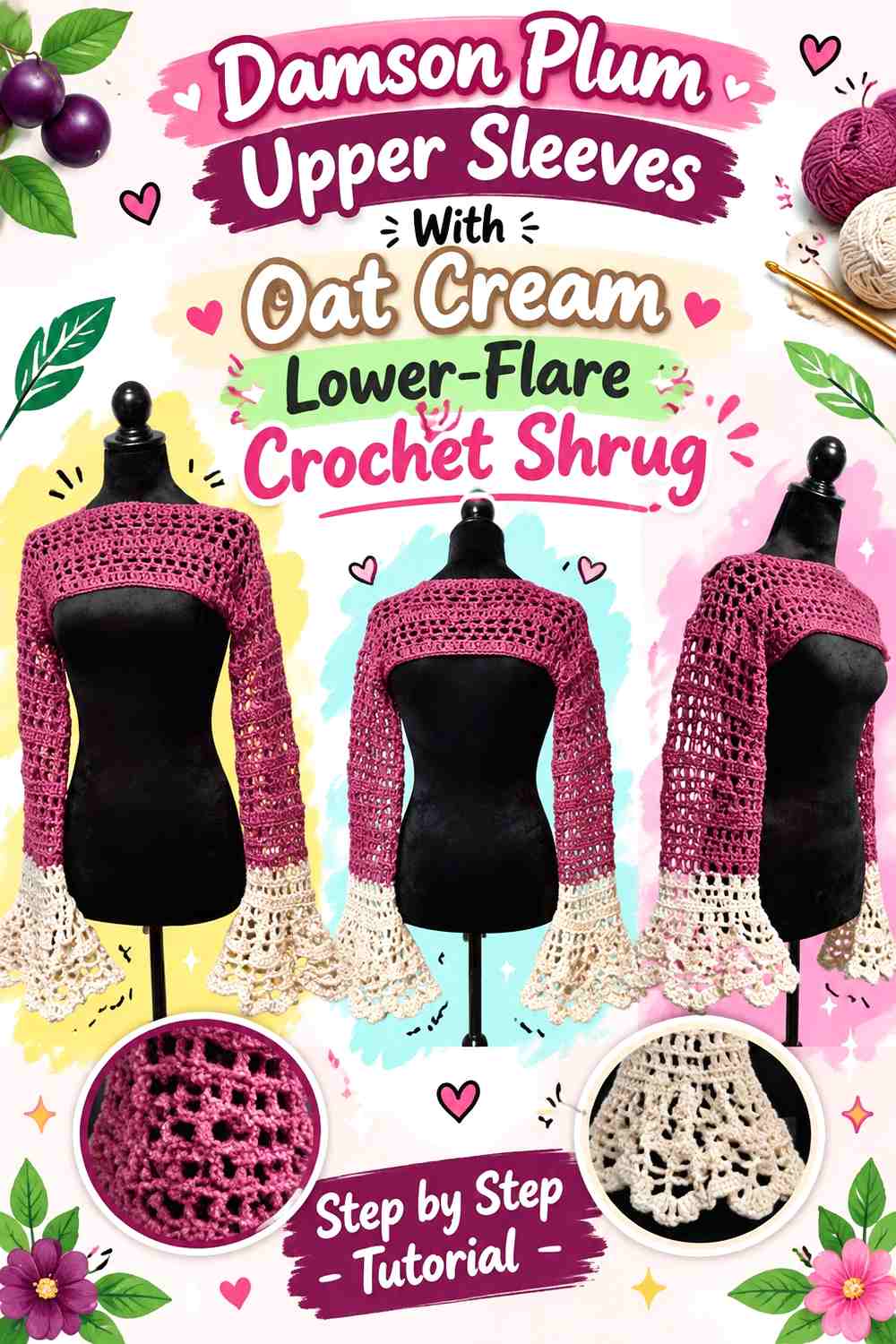 Damson Plum Upper Sleeves With Oat Cream Lower-Flare Crochet Shrug