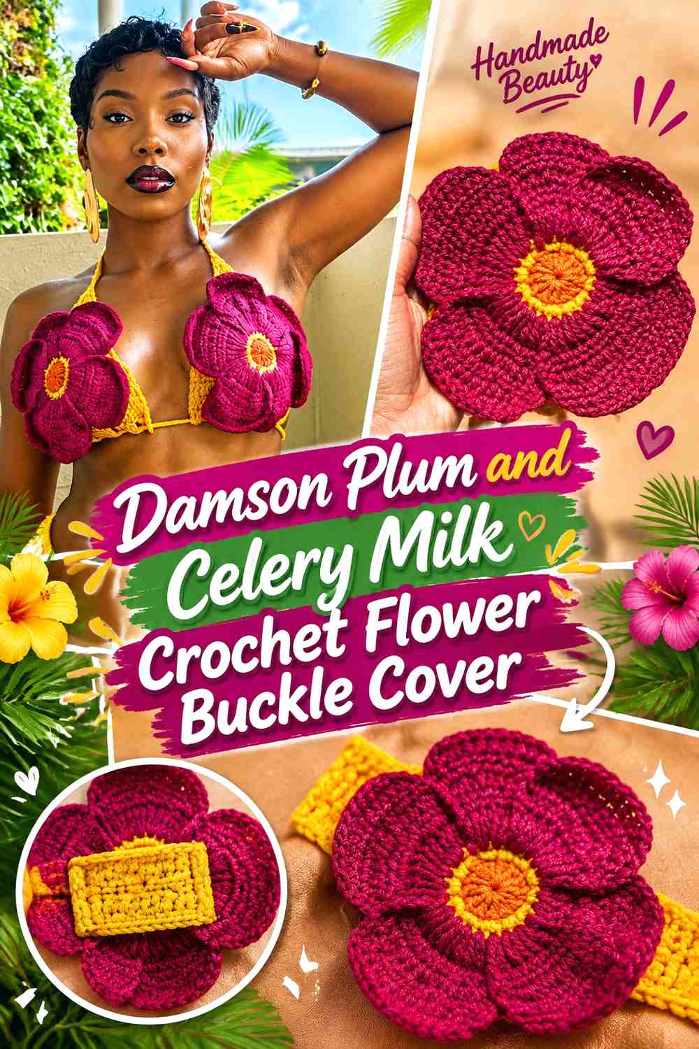 Damson Plum and Celery Milk Crochet Flower Buckle Cover