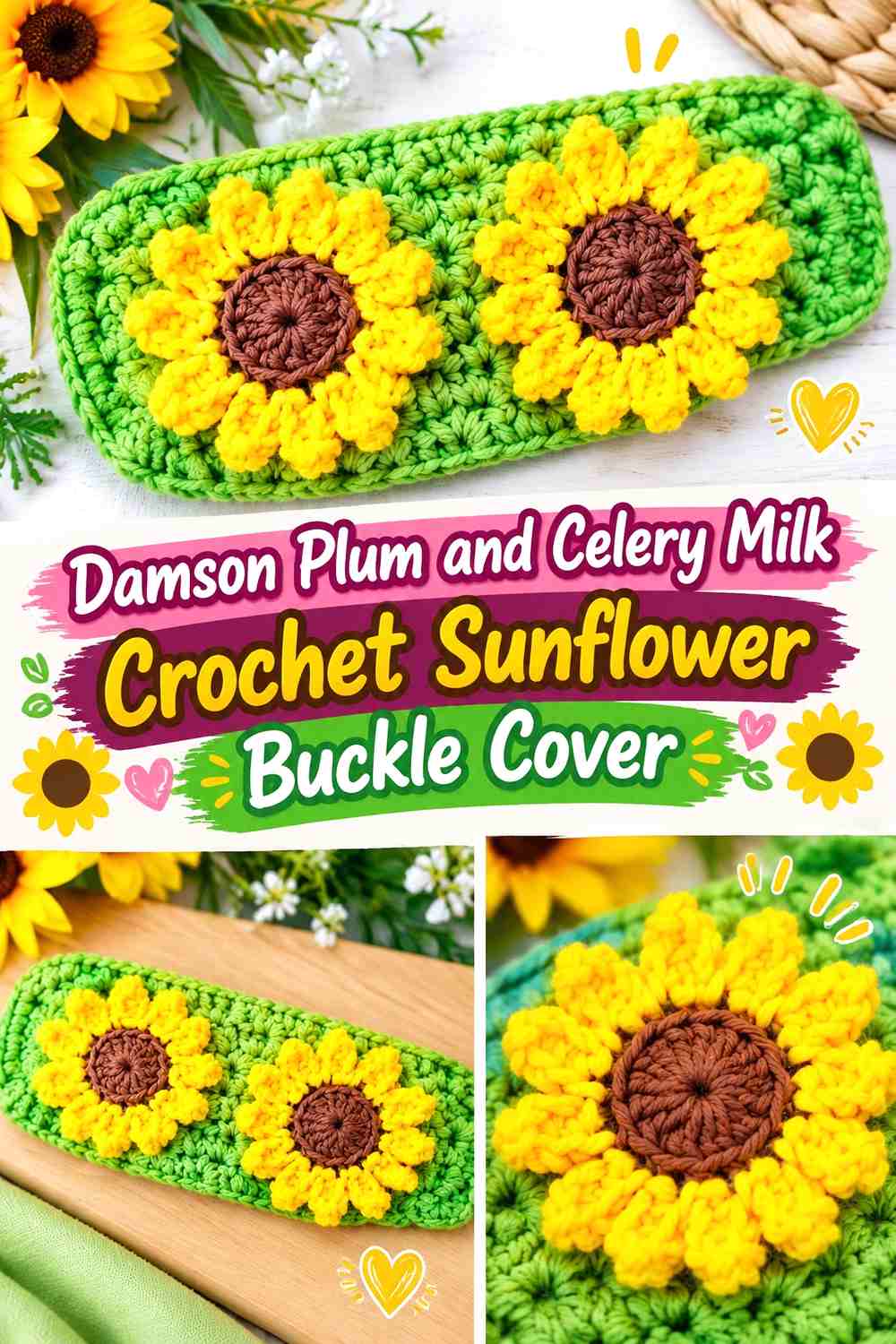 Damson Plum and Celery Milk Crochet Sunflower Buckle Cover
