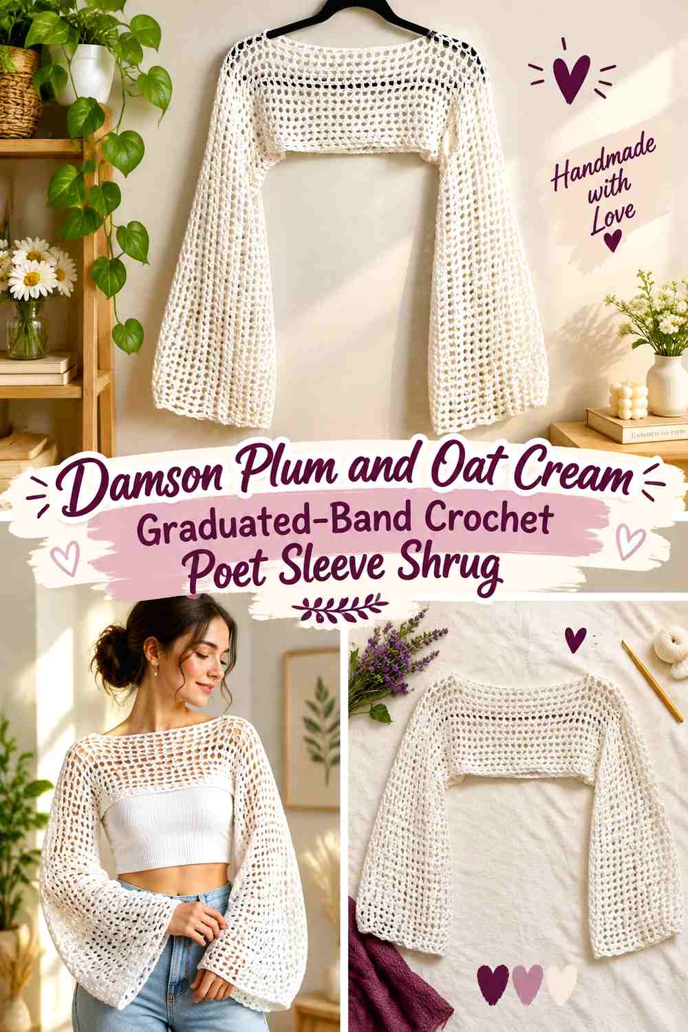 Damson Plum and Oat Cream Graduated-Band Crochet Poet Sleeve Shrug