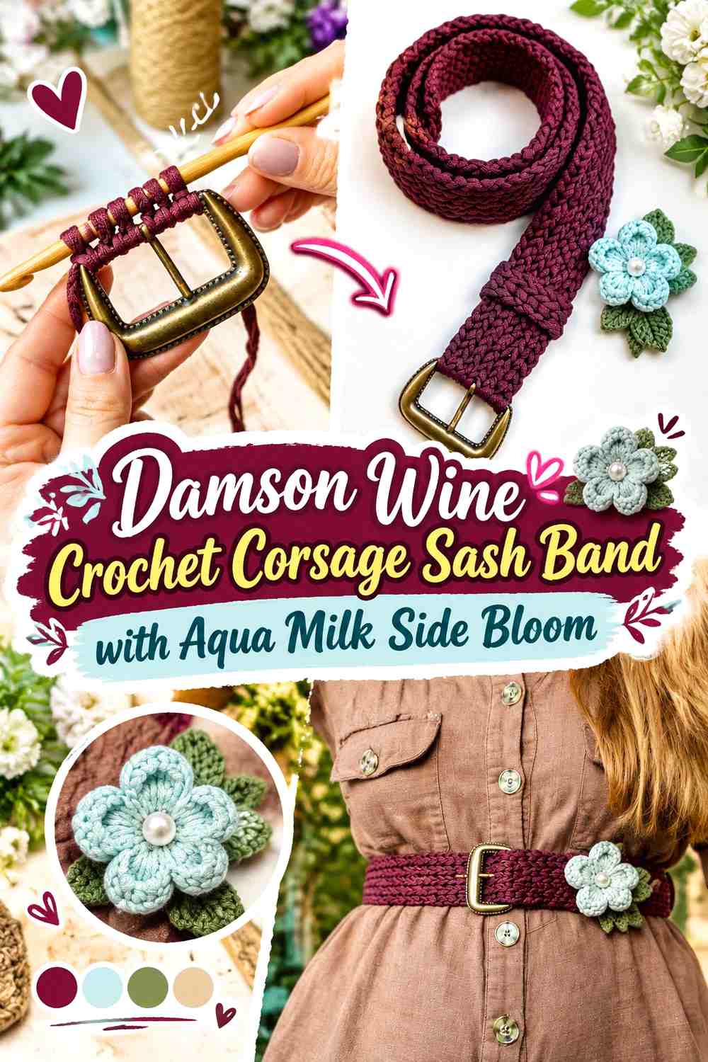 Damson Wine Crochet Corsage Sash Band with Aqua Milk Side Bloom