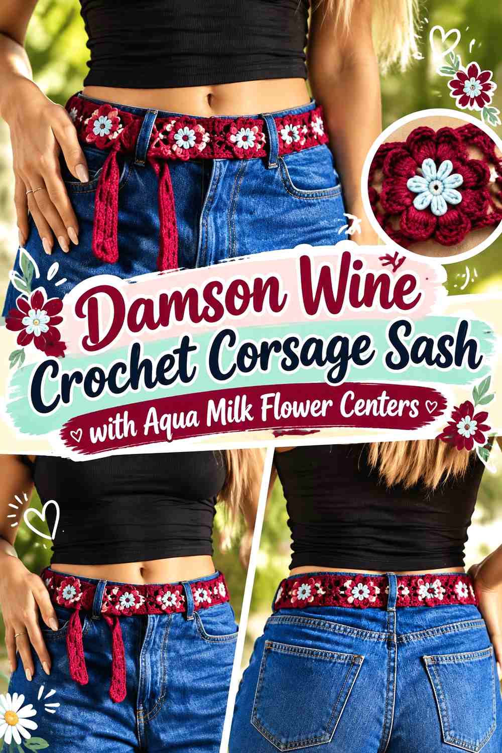 Damson Wine Crochet Corsage Sash with Aqua Milk Flower Centers