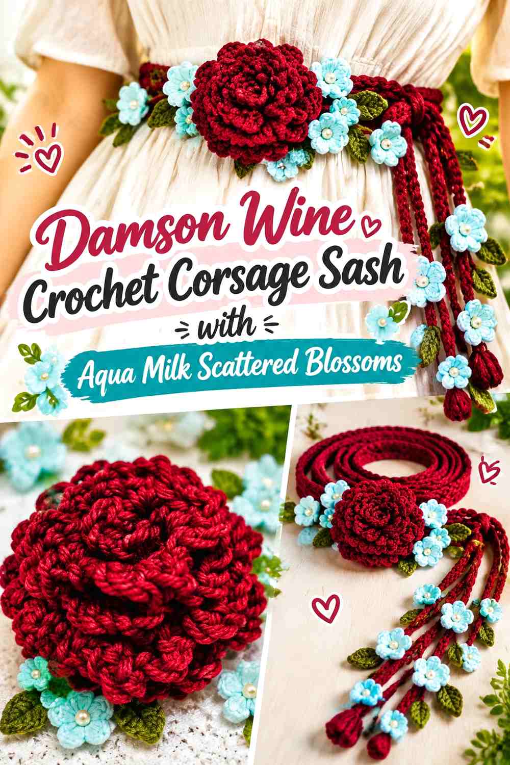 Damson Wine Crochet Corsage Sash with Aqua Milk Scattered Blossoms