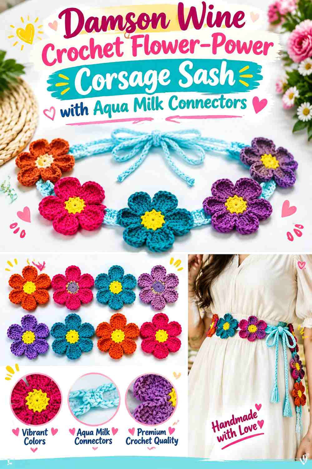 Damson Wine Crochet Flower-Power Corsage Sash with Aqua Milk Connectors