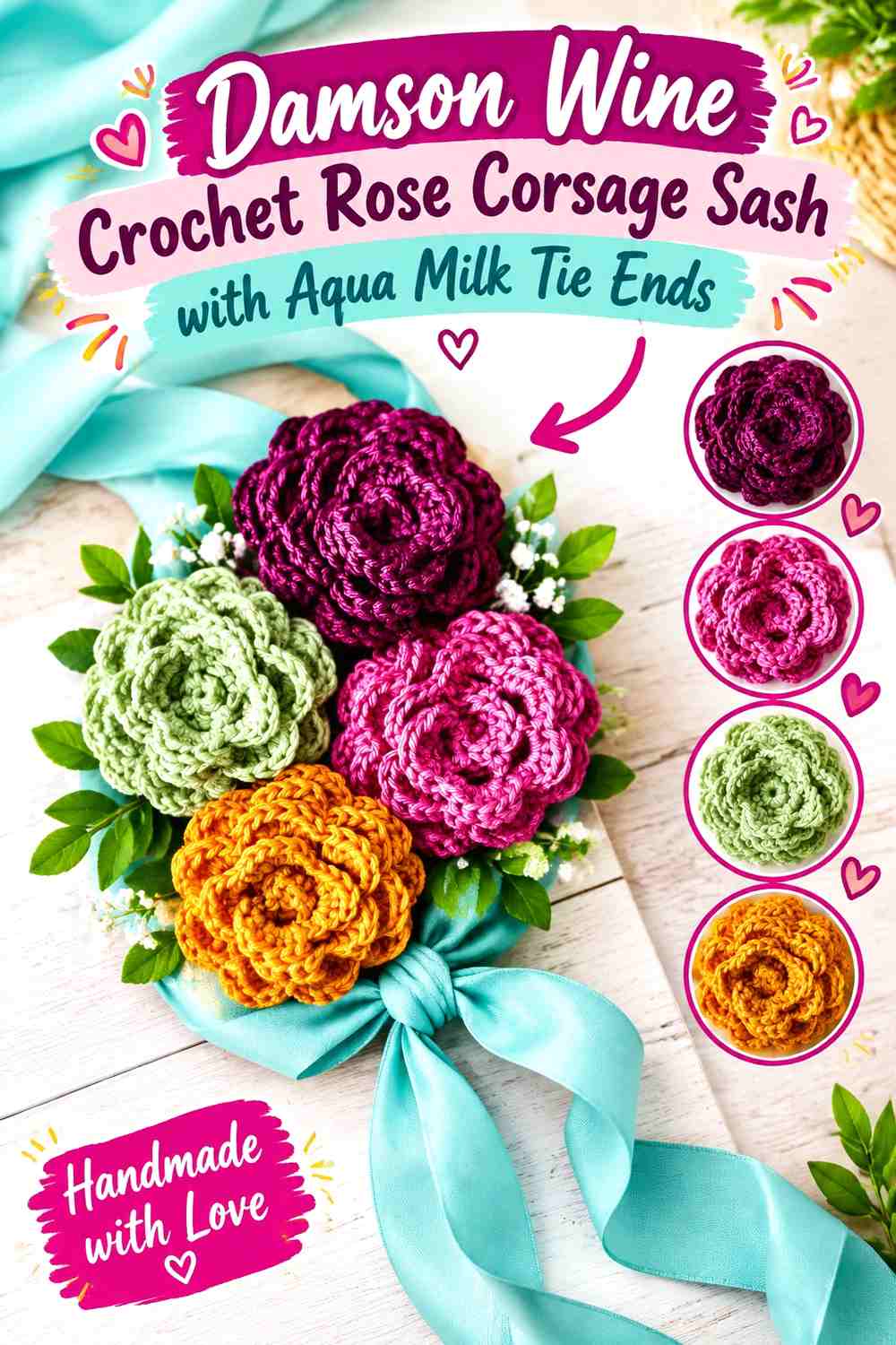 Damson Wine Crochet Rose Corsage Sash with Aqua Milk Tie Ends