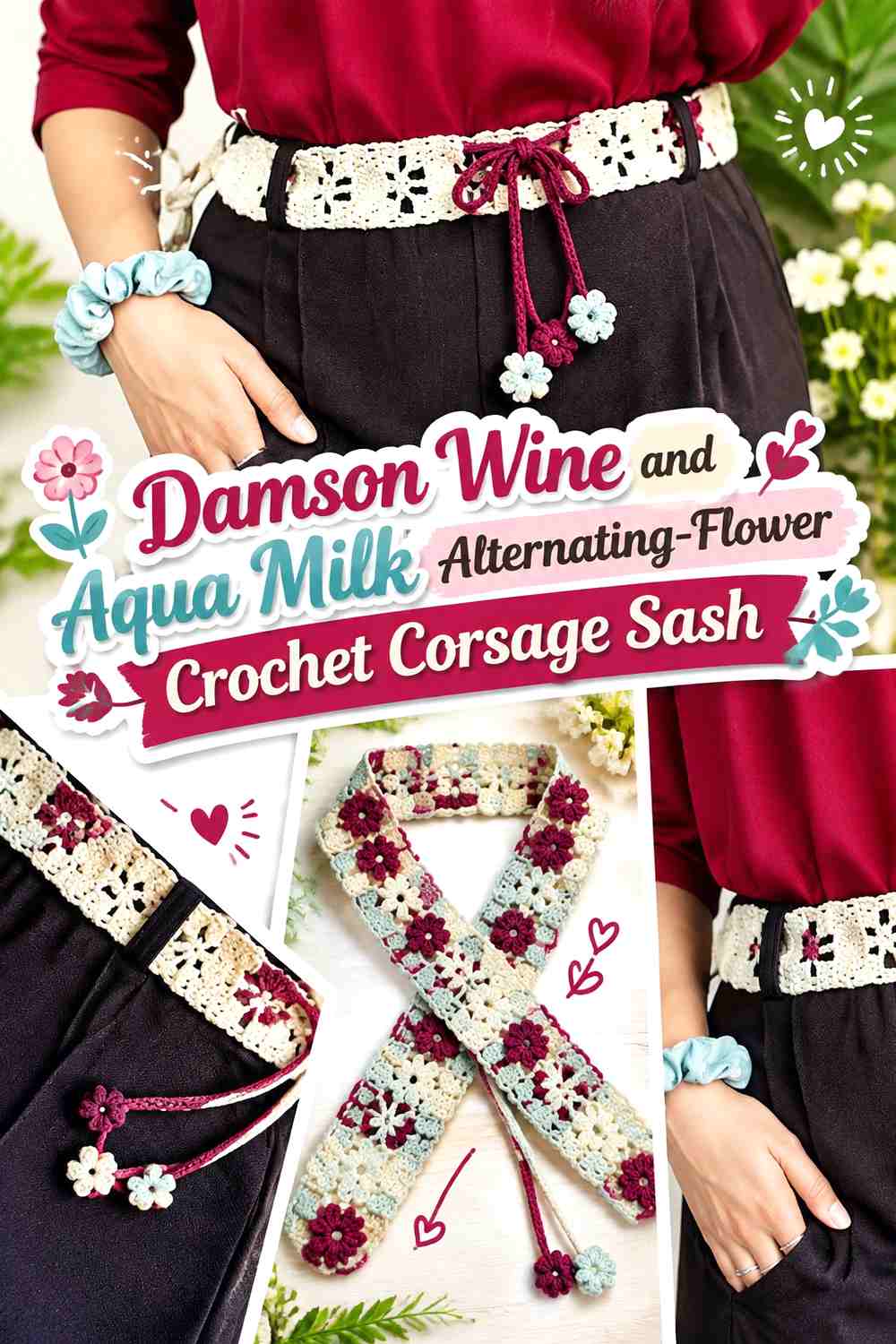 Damson Wine and Aqua Milk Alternating-Flower Crochet Corsage Sash