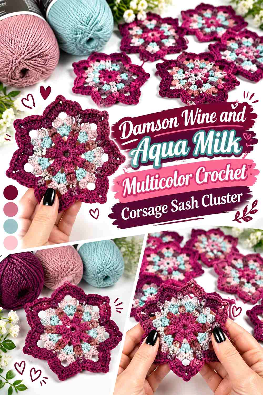 Damson Wine and Aqua Milk Multicolor Crochet Corsage Sash Cluster