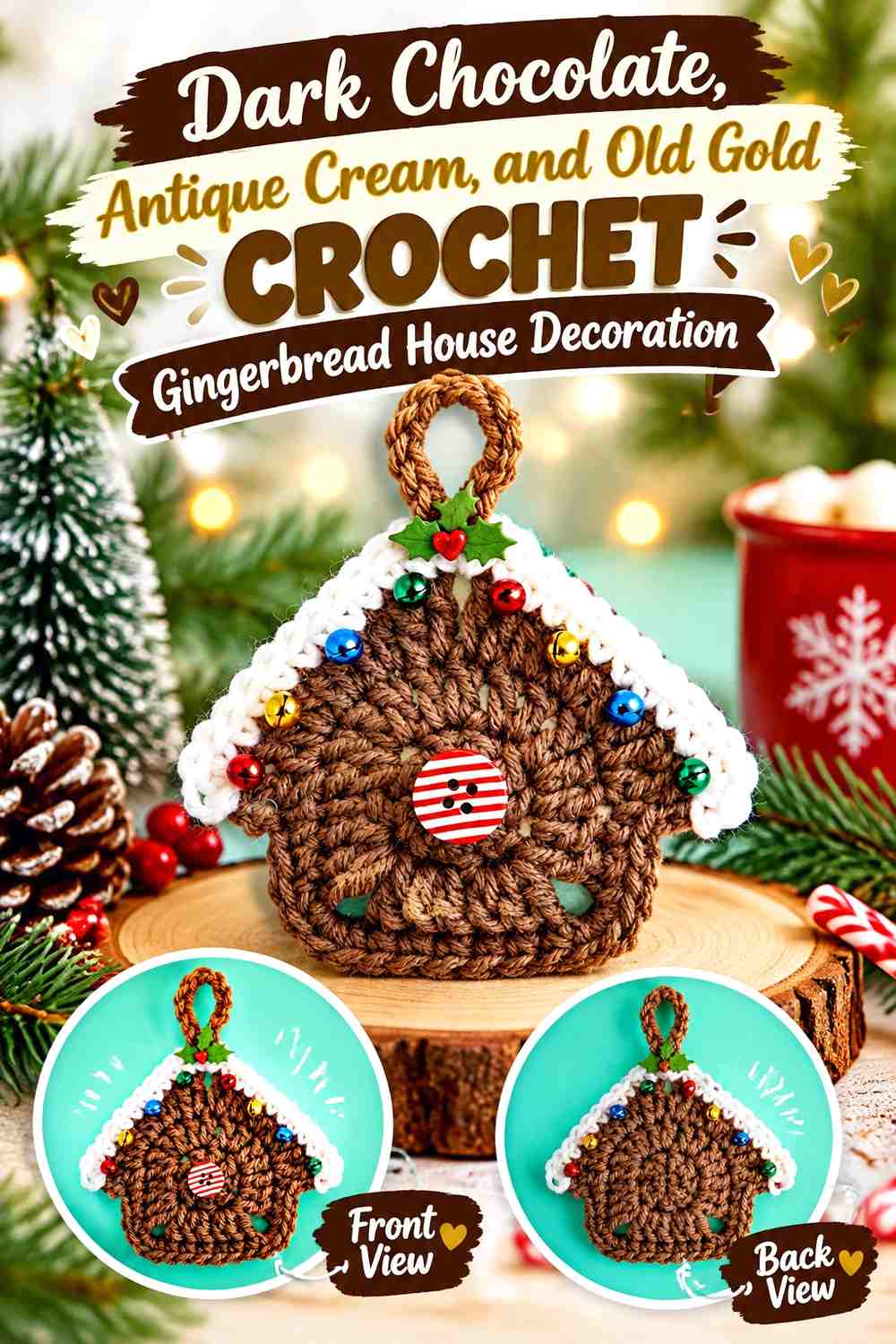 Dark Chocolate, Antique Cream, and Old Gold Crochet Gingerbread House Decoration