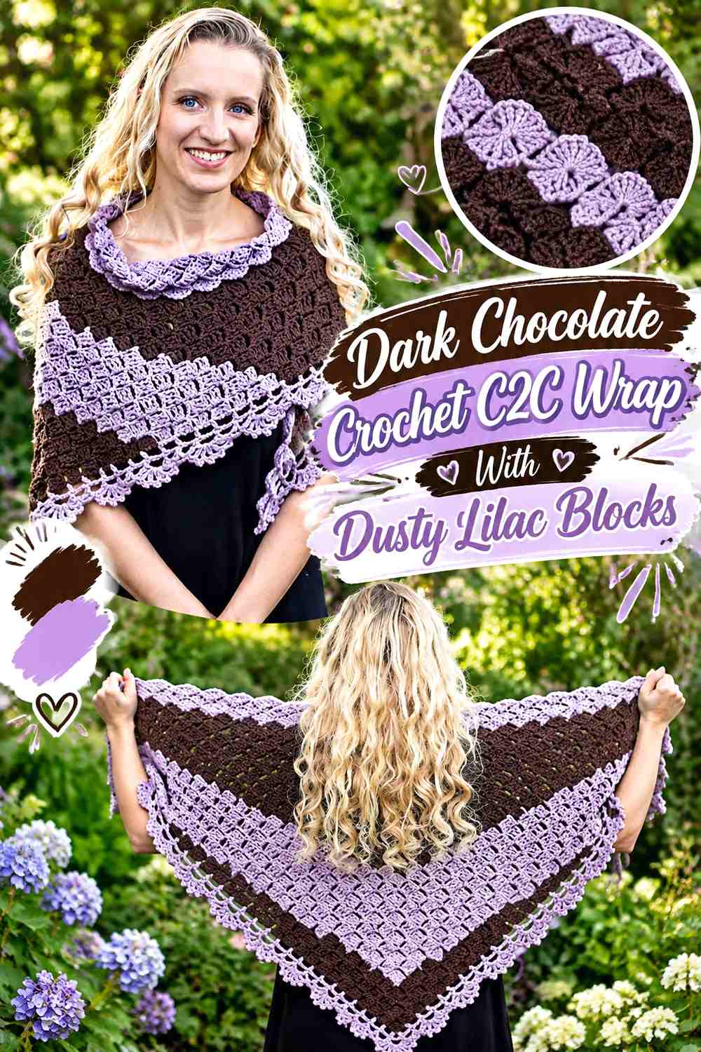 Dark Chocolate Crochet C2C Wrap With Dusty Lilac Blocks